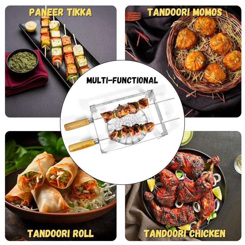 ASHMEN Barbeque Grill Set 1 BBQ Grill 2 Skewers for grilling 1 Folding Stand Baigan Bharta Chicken grill Kabab Maker Paneer Tikka Griller for Gas Chota Gas Tandoor BBQ Grill Set for Home - Image 3