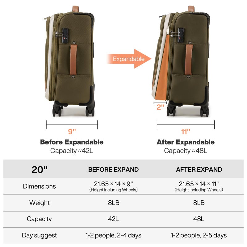 mixi Carry On Luggage 20 Inch Softside Expandable Suitcase with Front Pocket, 22x14x9 Airline Approved Rolling Lightweight Travel Suitcases with Wheels & TSA (Tea Brown-Off White) - Image 5