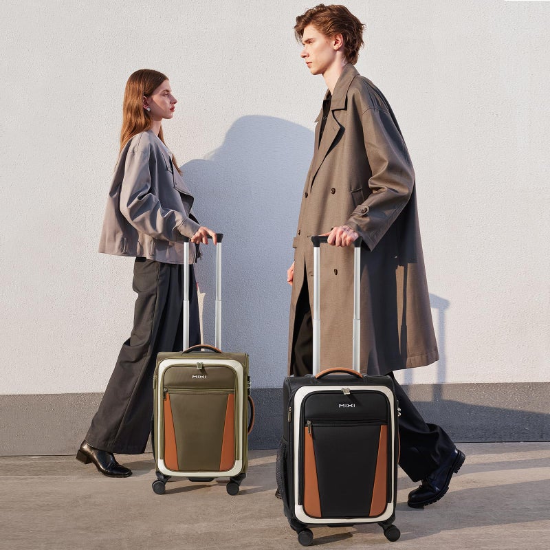mixi Carry On Luggage 20 Inch Softside Expandable Suitcase with Front Pocket, 22x14x9 Airline Approved Rolling Lightweight Travel Suitcases with Wheels & TSA (Tea Brown-Off White) - Image 2