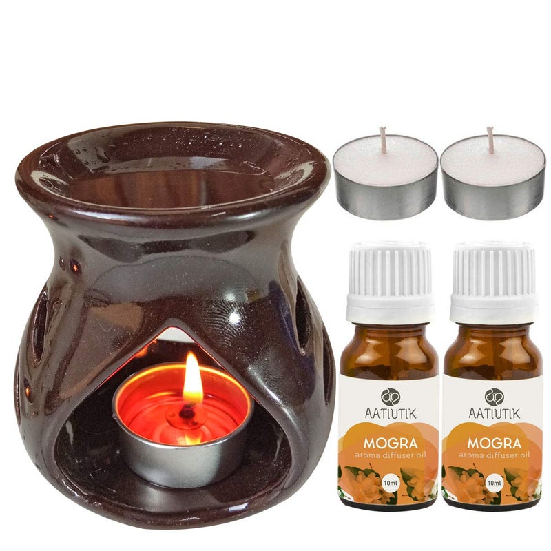 Aatiutik Aatiutik Ceramic Aroma Diffuser Oil Burner Home Fragrance with 2 Mogra Aroma Oil 2 Tlight Free for Home Office Hotel Spa - Image 1