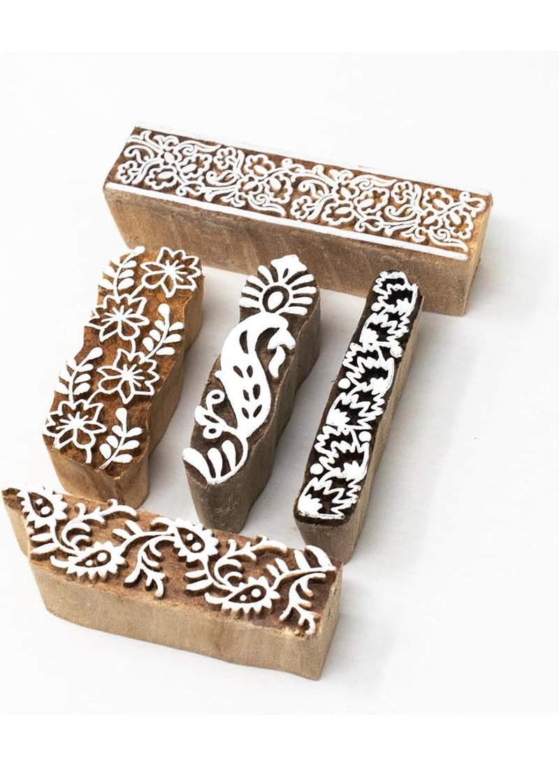 Hashcart Hashcart Wooden Indian Traditional Design Printing StampsBlocks for Printing Saree BorderDressesCraft Card MakingScrapbookClay Pottery Set of 5  - Image 1