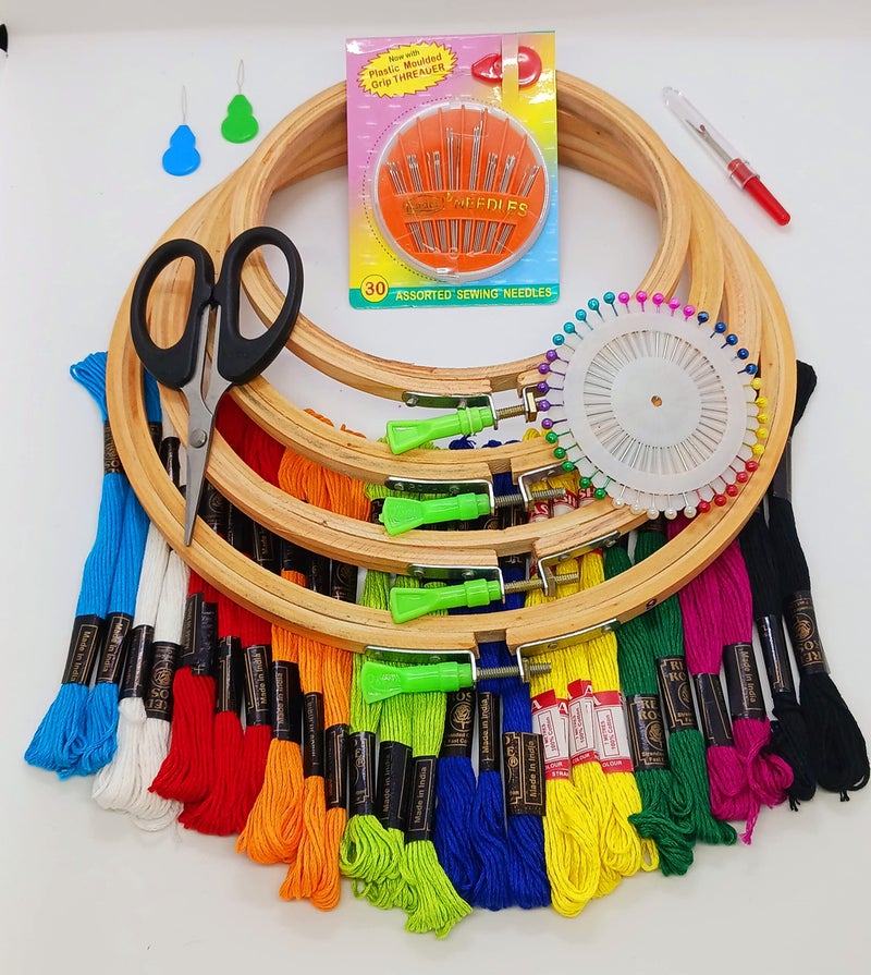 Generic ONRESTO DIY Embroidery Material Kit, Special Pack of 4 Hoops, 25 Multicolor Threads, 30 Assorted Needles, 1 Seam Ripper, 40 Tailor Pins, 2 Threaders, 1 Scissor  - Image 1