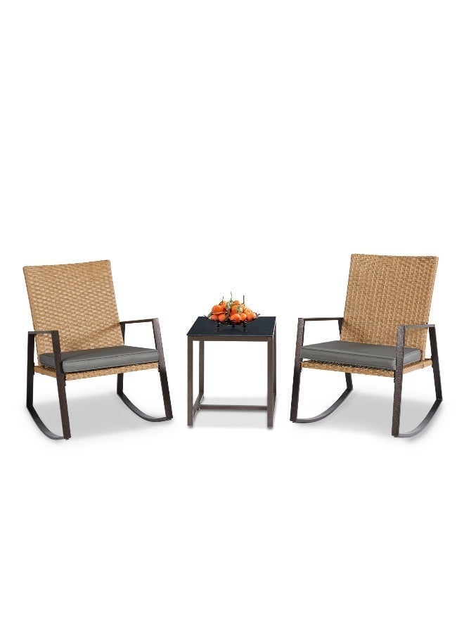 YIYAN 3-Piece Indoor-Outdoor Rocking Bistro Set with Wicker Chairs & Coffee Table for Balcony, Patio & Porch - Image 2