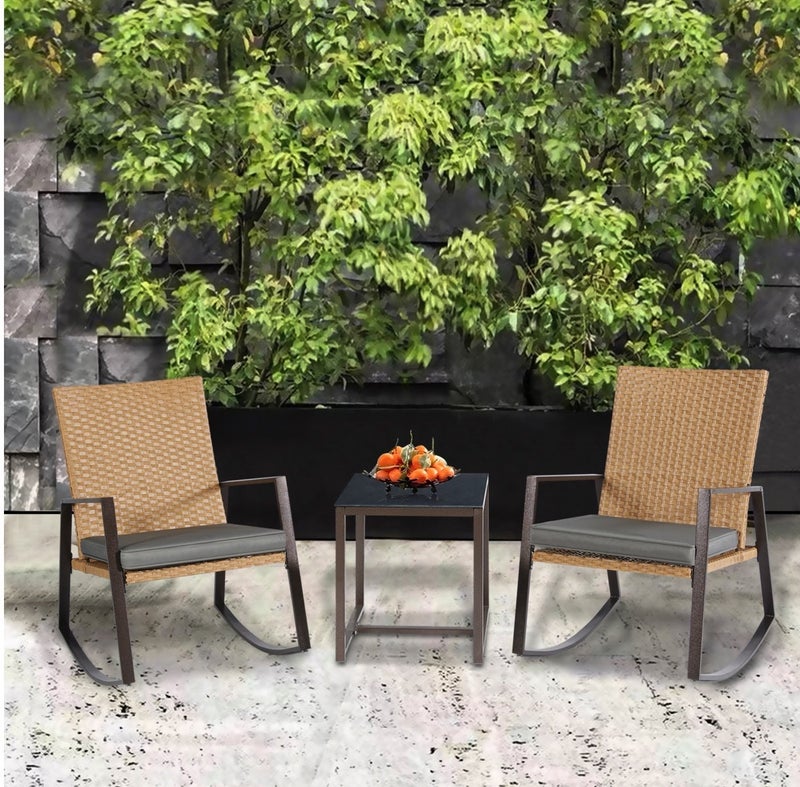 YIYAN 3-Piece Indoor-Outdoor Rocking Bistro Set with Wicker Chairs & Coffee Table for Balcony, Patio & Porch - Image 4