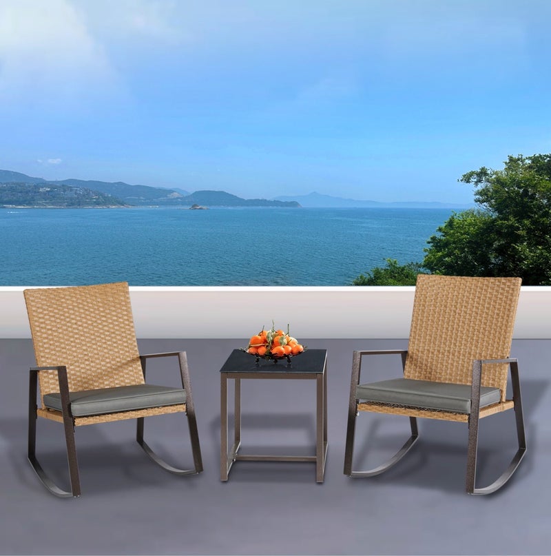 YIYAN 3-Piece Indoor-Outdoor Rocking Bistro Set with Wicker Chairs & Coffee Table for Balcony, Patio & Porch - Image 1