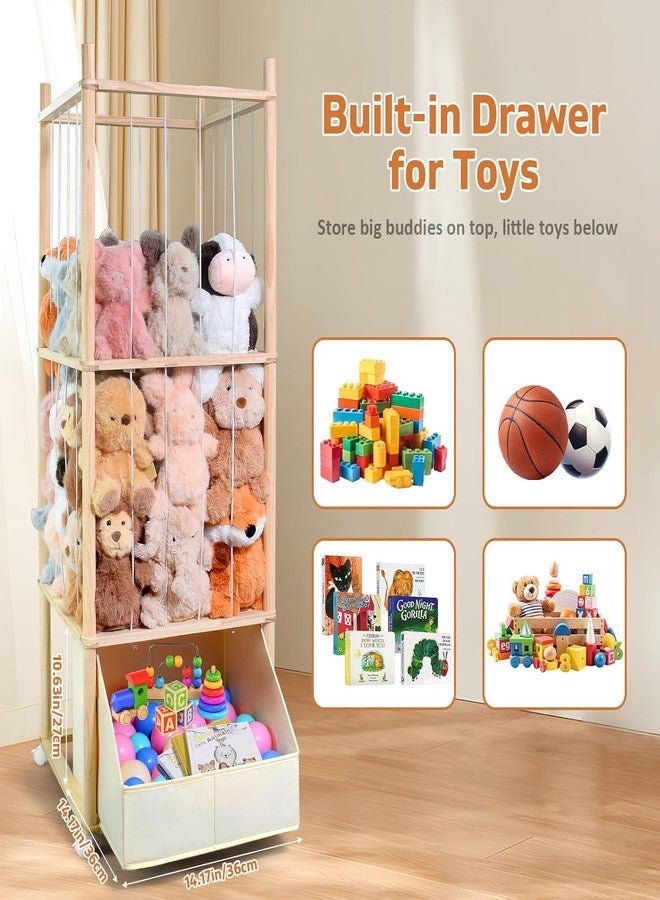 BENCHRY Stuffed Animal Storage with Tiny Toys Tray, Wood Stuffed Animal Zoo Storage with Brake Wheels, Space-Saving Plushie Playhouse for Nursery, Playroom, Kids Bedroom- Easy Assembly - Image 5