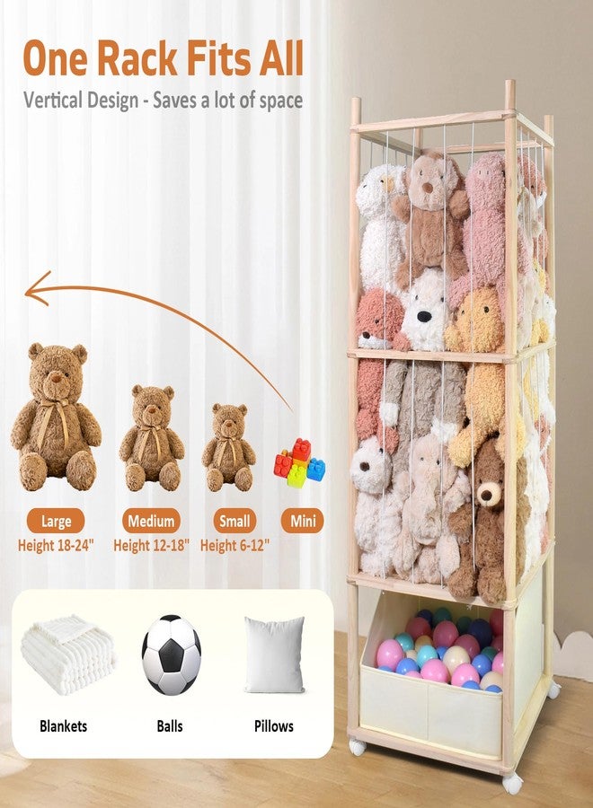 BENCHRY Stuffed Animal Storage with Tiny Toys Tray, Wood Stuffed Animal Zoo Storage with Brake Wheels, Space-Saving Plushie Playhouse for Nursery, Playroom, Kids Bedroom- Easy Assembly - Image 2