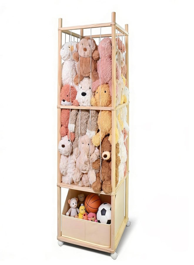 BENCHRY Stuffed Animal Storage with Tiny Toys Tray, Wood Stuffed Animal Zoo Storage with Brake Wheels, Space-Saving Plushie Playhouse for Nursery, Playroom, Kids Bedroom- Easy Assembly - Image 1