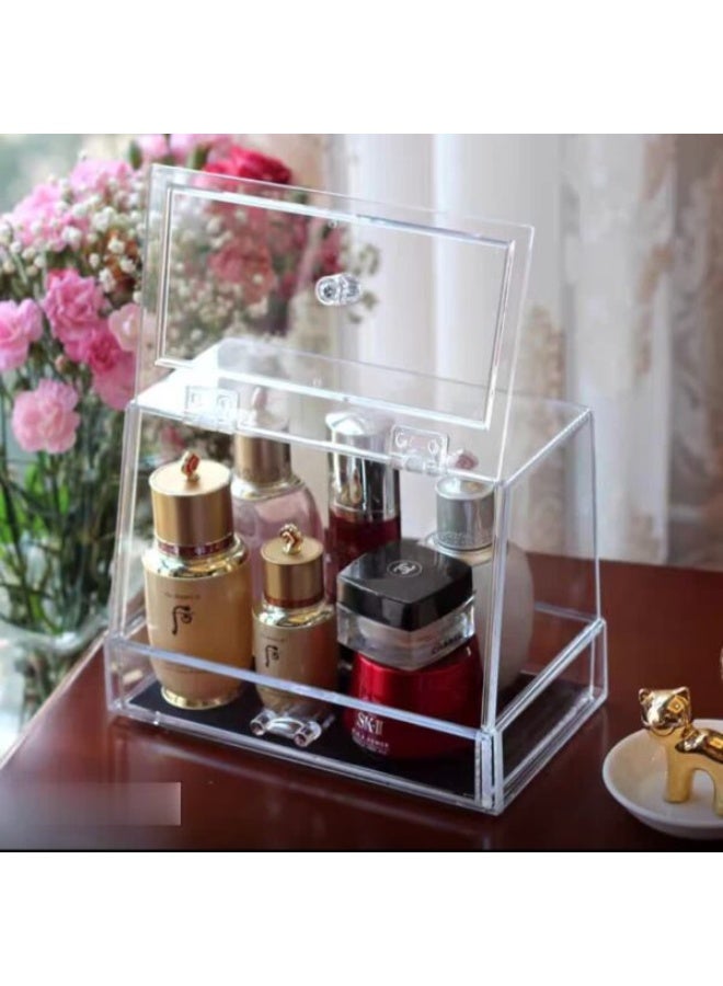 Clear Acrylic Makeup & Skincare Organizer Drawer Box | Top Compartment with Hinged Lid for Bottles + Multi-Drawer Storage for Cosmetics, Skincare, and Accessories | Vanity & Dresser Organizer - Image 1