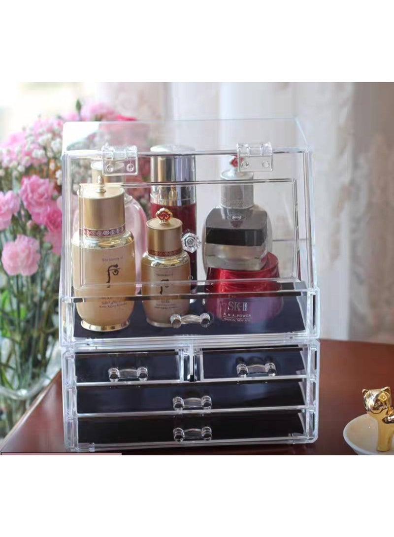 Clear Acrylic Makeup & Skincare Organizer Drawer Box | Top Compartment with Hinged Lid for Bottles + Multi-Drawer Storage for Cosmetics, Skincare, and Accessories | Vanity & Dresser Organizer - Image 2