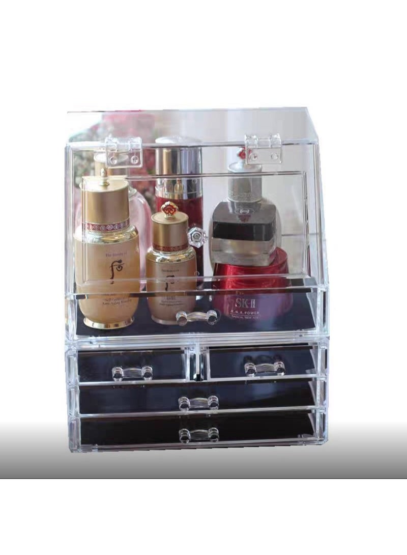 Clear Acrylic Makeup & Skincare Organizer Drawer Box | Top Compartment with Hinged Lid for Bottles + Multi-Drawer Storage for Cosmetics, Skincare, and Accessories | Vanity & Dresser Organizer - Image 3