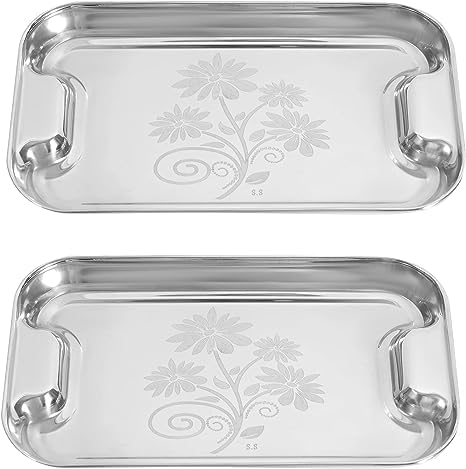 Nirvika Stainless Steel Serving TrayLemon Platter with Steel Finish Rectangular Multipurpose Tray Set of 2 - Image 1