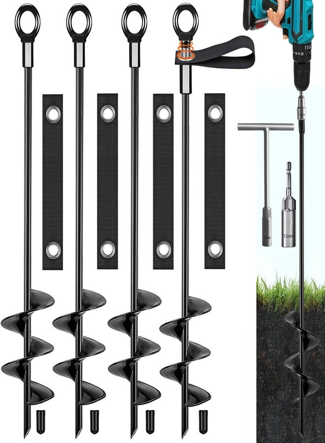 Fabulas Ground Anchors, Trampoline Stakes Anchors High Wind Heavy Duty 16 Inch 4 Pack, Screw in Spiral Trampoline Tie Down Anchor Kit with Straps for Shed Swing Set Hurricane Tent Dog Carport Playset - Image 1