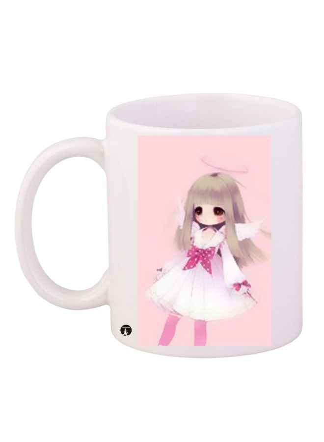 Anime Girl Printed Ceramic Coffee Mug White/Pink/Beige 11ounce