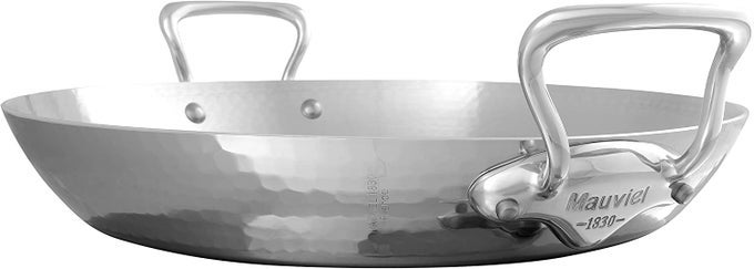 MELITE 5PLY HAMMERED POLISHED STAINLESS STEEL PAELLA PAN WITH CAST STAINLESS STEEL HANDLES 157IN MADE IN FRANCE
