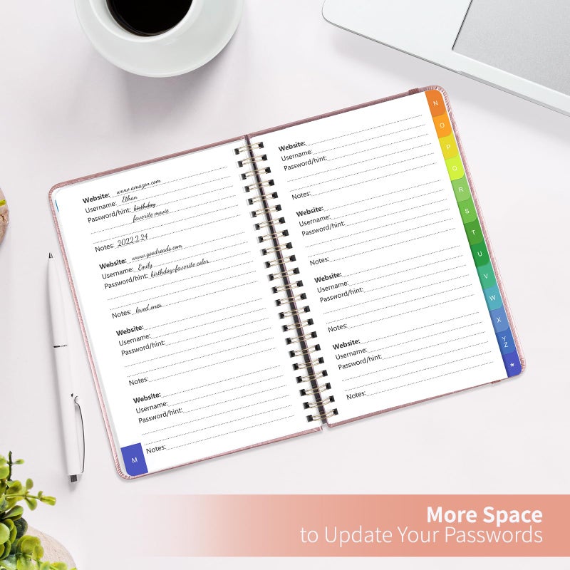 Blugool Password Book with Alphabetical Tabs, Password Keeper Book for Seniors, Individual & Colorful Tabs, Spiral Hardcover Password Notebook for Website Logins, 5.7" x 7.7", Rose Gold - Image 4