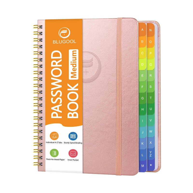 Blugool Password Book with Alphabetical Tabs, Password Keeper Book for Seniors, Individual & Colorful Tabs, Spiral Hardcover Password Notebook for Website Logins, 5.7" x 7.7", Rose Gold - Image 1