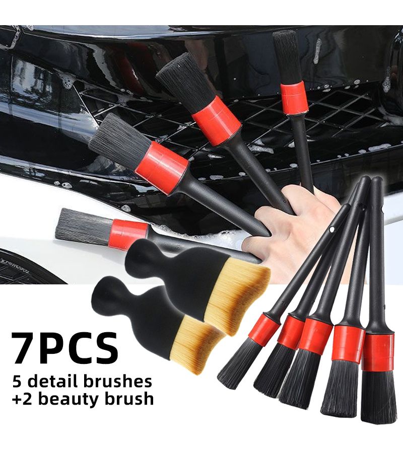 7 Piece Car Wash Care Brush Set 5 Detail Brushes And 2 Beauty Brushes For Cleaning Wheels Dashboard Ventilation Openings Reusable Car Accessories - Image 1