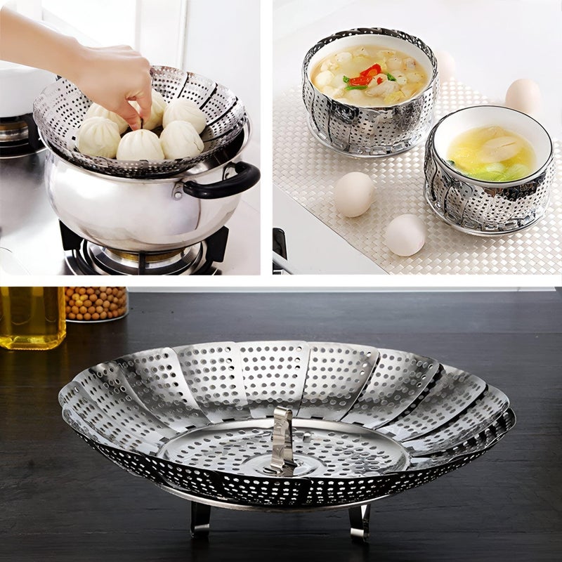 Steamer Basket - Expandable Stainless Steel Vegetable Steamer for Cooking Healthy Meals and Seafood, Dishwasher Safe and Foldable for Easy Storage (رمادي, مقاس صغير) - Image 2