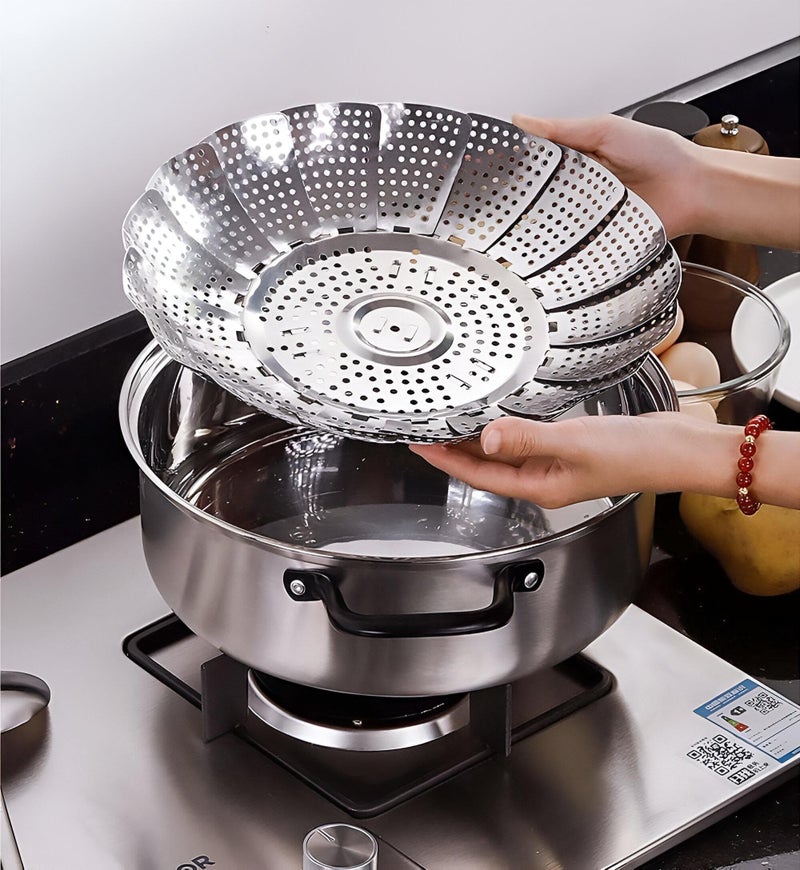 Steamer Basket - Expandable Stainless Steel Vegetable Steamer for Cooking Healthy Meals and Seafood, Dishwasher Safe and Foldable for Easy Storage (رمادي, مقاس صغير) - Image 4