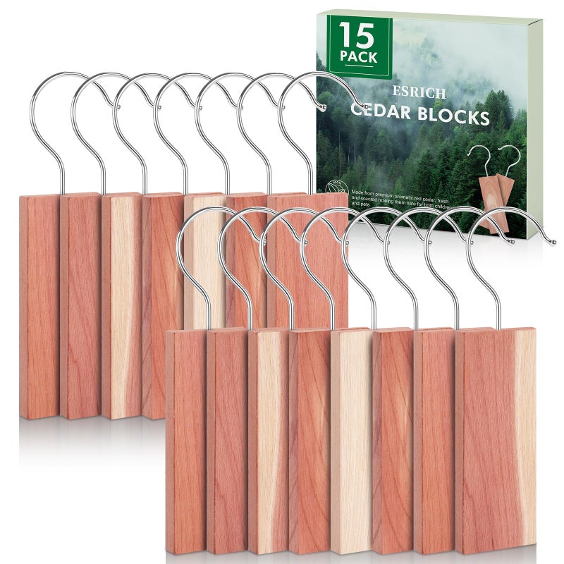 ESRICH Cedar Blocks for Clothes Storage15 Pack with Metal Hooks100 Natura Cedars Wood for ClosetsCedars Planks with SandpaperCedar Chips for Closets and Drawers