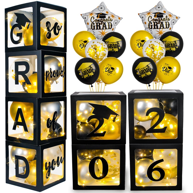 AYGXU Graduation Decorations 2026Graduation Party DecorationsGraduation Balloons Boxes4PCS with LED Light Strings Letters 2026 GRAD So Proud of YouParty Favors For Any Grades Class