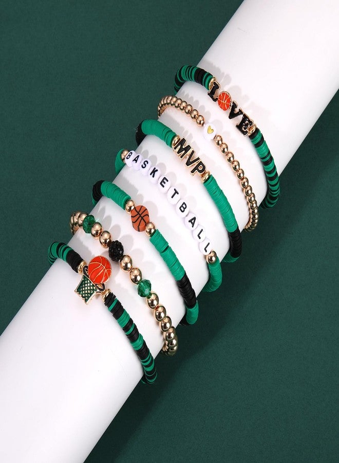 YAHPERN 7 Pack Basketball Bracelets for Women Stackable Heishi Beaded Friendship Bracelets Game Day Basketball Outfits Accessories Party Favors Gifts (Green Black) - Image 2