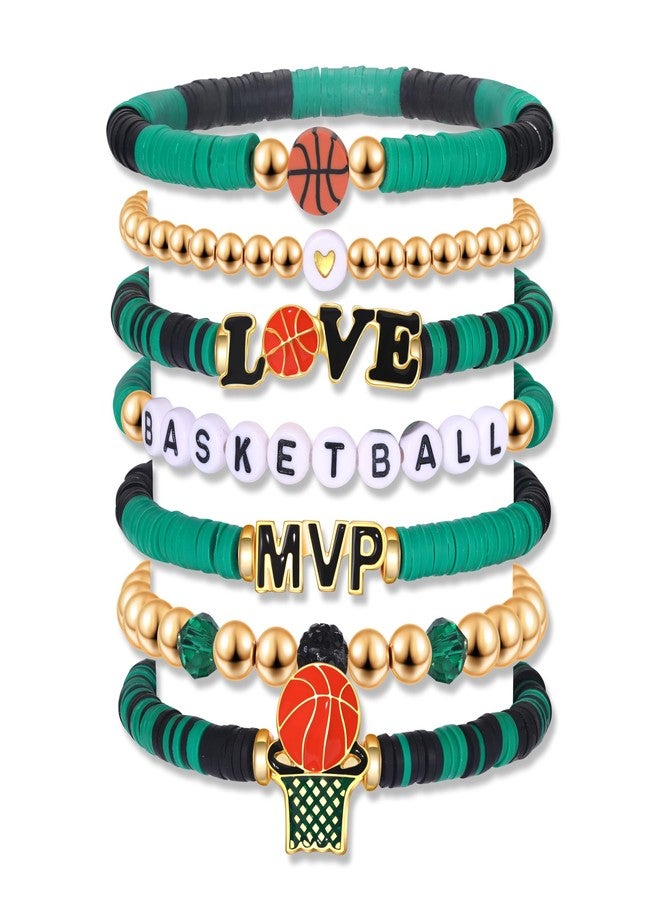 YAHPERN 7 Pack Basketball Bracelets for Women Stackable Heishi Beaded Friendship Bracelets Game Day Basketball Outfits Accessories Party Favors Gifts (Green Black) - Image 1