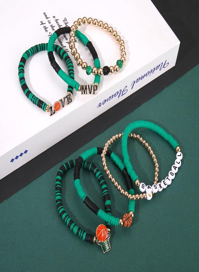 YAHPERN 7 Pack Basketball Bracelets for Women Stackable Heishi Beaded Friendship Bracelets Game Day Basketball Outfits Accessories Party Favors Gifts (Green Black) - Image 3