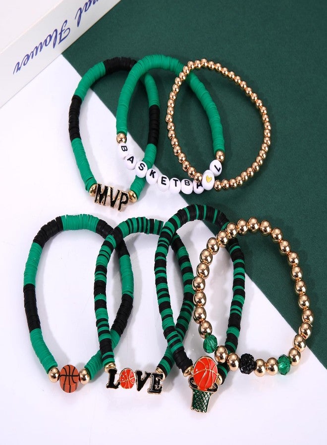 YAHPERN 7 Pack Basketball Bracelets for Women Stackable Heishi Beaded Friendship Bracelets Game Day Basketball Outfits Accessories Party Favors Gifts (Green Black) - Image 4