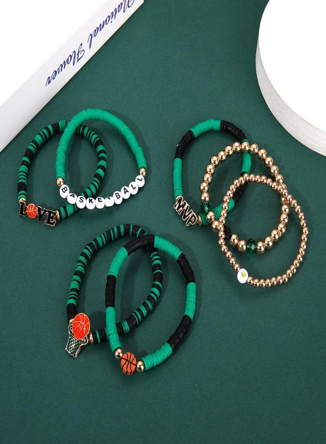 YAHPERN 7 Pack Basketball Bracelets for Women Stackable Heishi Beaded Friendship Bracelets Game Day Basketball Outfits Accessories Party Favors Gifts (Green Black) - Image 5