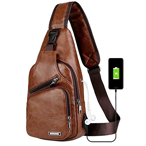 Peicees Leather Sling Bag Mens Crossbody Bag Chest Bag Sling Backpack for Men with USB Charge Port - Image 1
