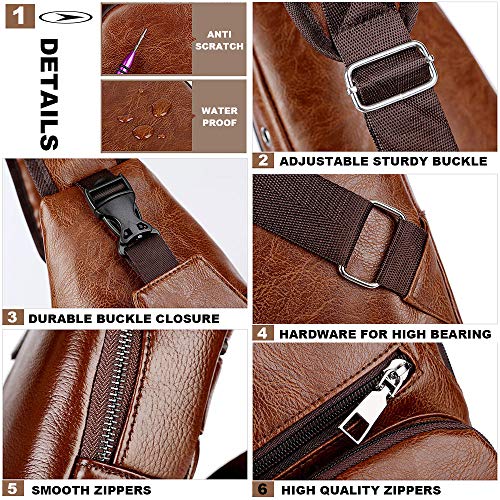 Peicees Leather Sling Bag Mens Crossbody Bag Chest Bag Sling Backpack for Men with USB Charge Port - Image 2