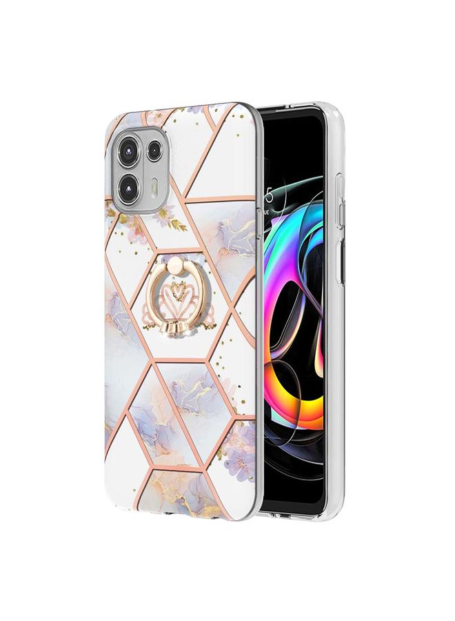 اس-توب جراب لهاتف Motorola Edge 20 Lite بنمط زهور رخامية متداخلة مع حلقة من مادة TPU - Image 1