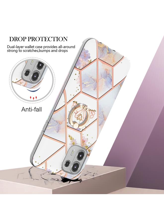 اس-توب جراب لهاتف Motorola Edge 20 Lite بنمط زهور رخامية متداخلة مع حلقة من مادة TPU - Image 2