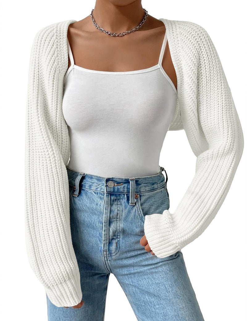 SECRETEYARD Women's Long Sleeve Open Front Knitted Crop Cardigan Drop Shoulder Knit Bolero Shrug Sweater Cream White - Image 1
