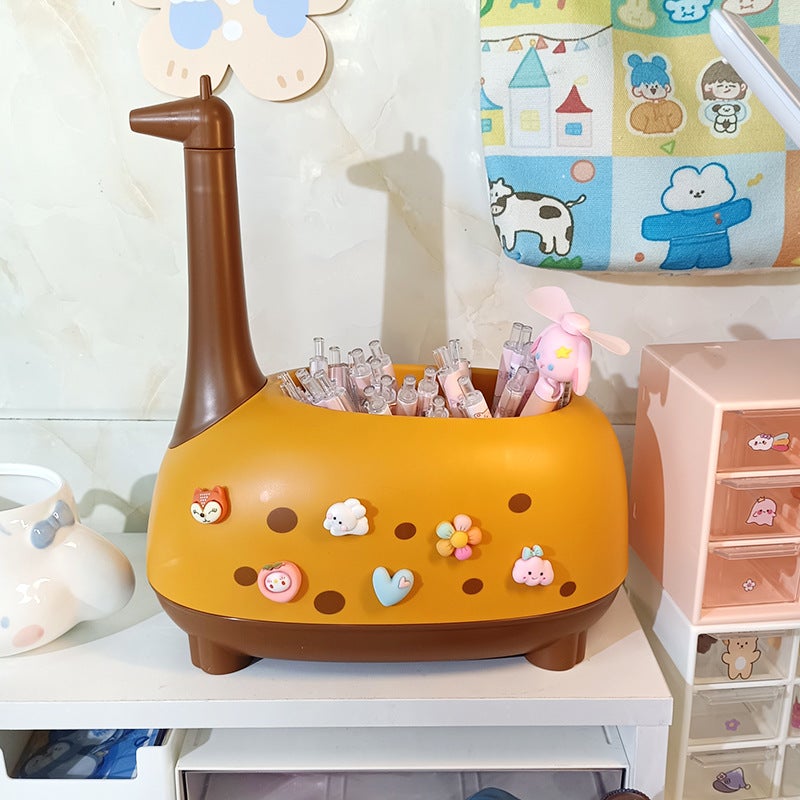 Generic Creative Deer Pen Holder Office Desktop Ornaments Childrens Womens Cute Large Capacity Pen Bucket Students Desktop Storage Box Large +7 patches 