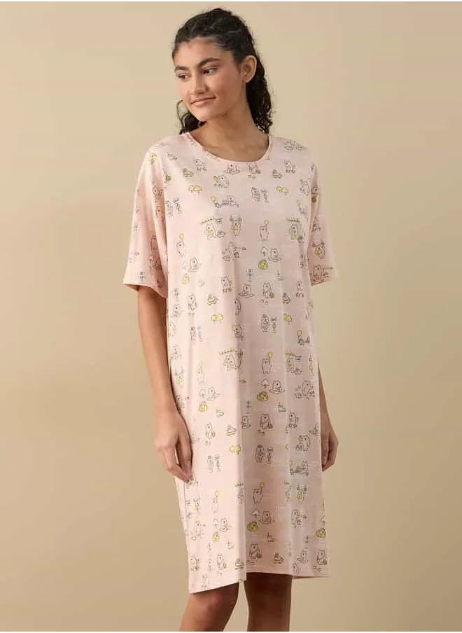 FAV Printed Sleepshirt with Round Neck and Short Sleeves