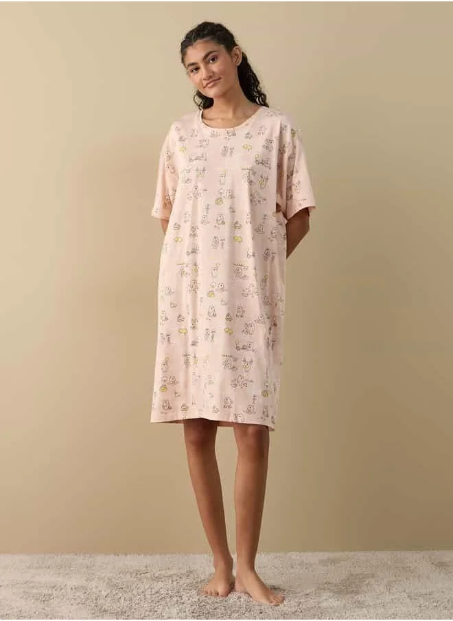 FAV Printed Sleepshirt with Round Neck and Short Sleeves