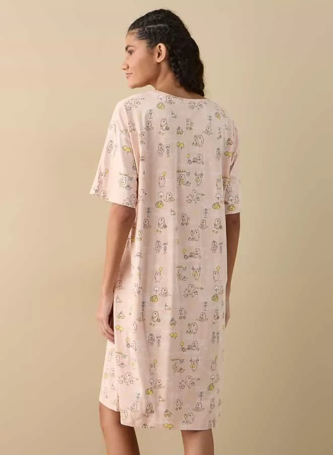 Splash FAV Printed Sleepshirt with Round Neck and Short Sleeves