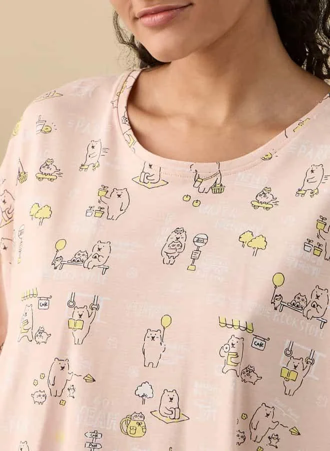 Splash FAV Printed Sleepshirt with Round Neck and Short Sleeves