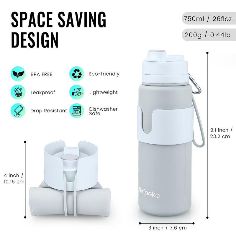 Nefeeko Collapsible Water Bottle, BPA Free 26oz Foldable Water Bottle for Travel Sports, Leak-Proof Spill-Proof Portable Water Bottles with Carabiner, Lightweight (Gray) - Image 2