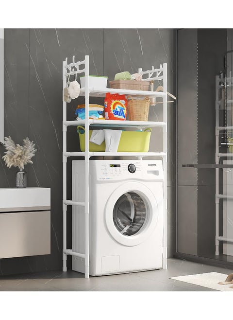Mugath 3 Layer Washing Machine Storage Rack Expandable Space Saver Washer Stand Liquid Soap Shampoo Storage for Laundry Room Over Washer SpaceSaving Easy Installation White