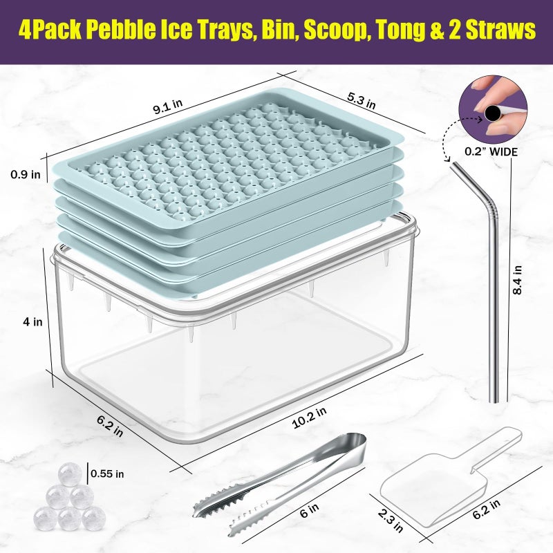 Cozy Kitchen Essentials 0.55in Mini Ice Cube Trays - Tiny Pebble Ice for Iced Coffee & Cocktails - Fast Chill, Easy Twist Release - Stackable with Lid, Storage Bin, Tongs, 2 Straws (4 pack, Blue) - Image 4
