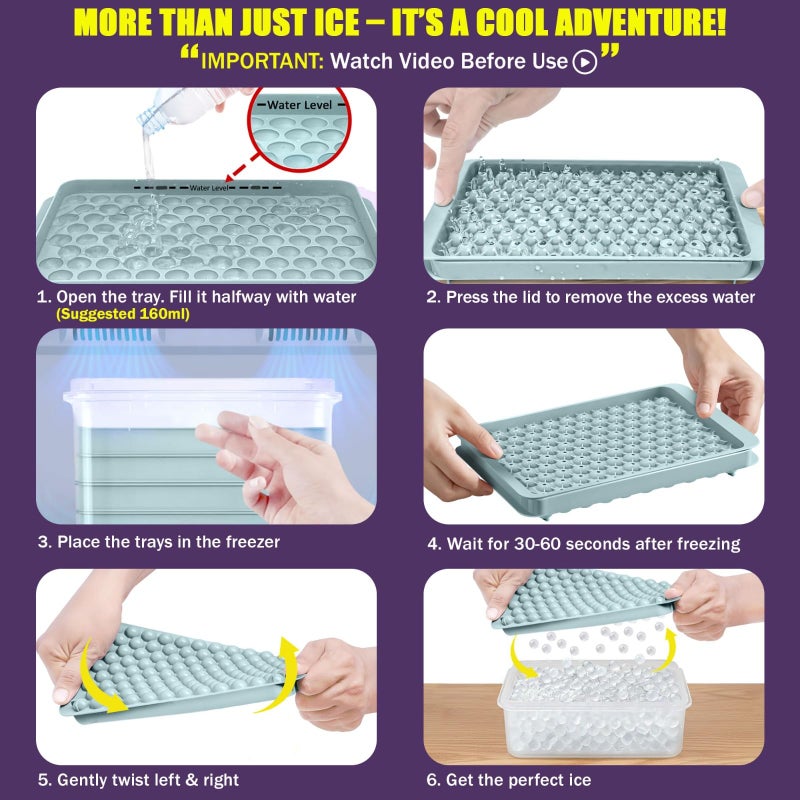 Cozy Kitchen Essentials 0.55in Mini Ice Cube Trays - Tiny Pebble Ice for Iced Coffee & Cocktails - Fast Chill, Easy Twist Release - Stackable with Lid, Storage Bin, Tongs, 2 Straws (4 pack, Blue) - Image 5