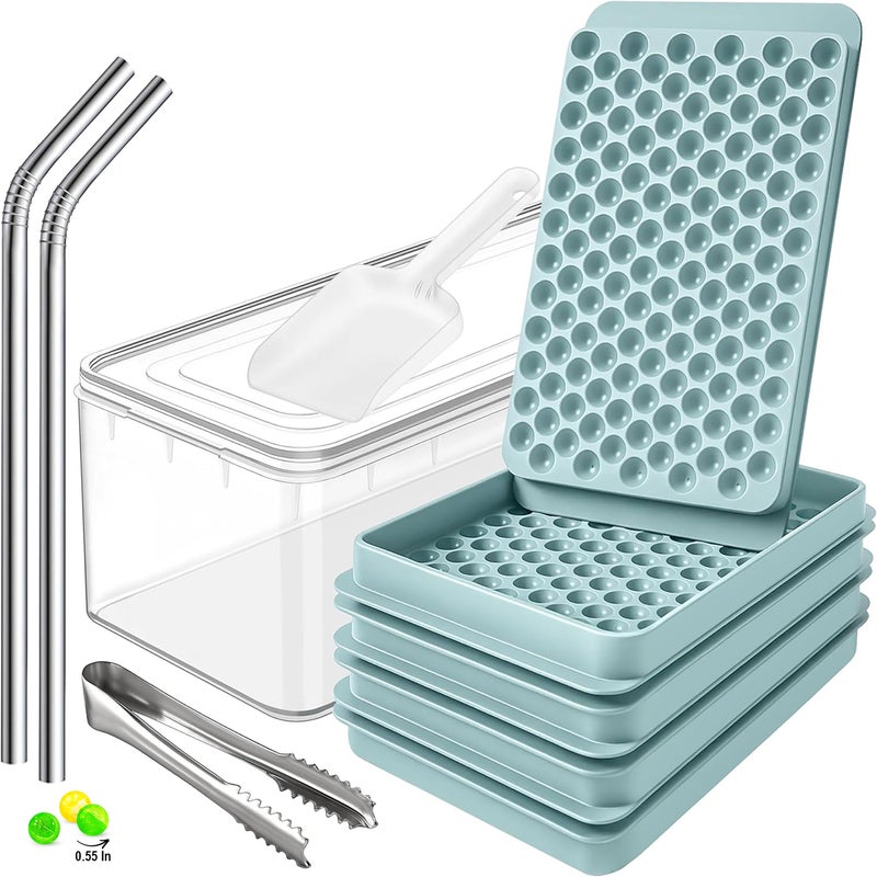 Cozy Kitchen Essentials 0.55in Mini Ice Cube Trays - Tiny Pebble Ice for Iced Coffee & Cocktails - Fast Chill, Easy Twist Release - Stackable with Lid, Storage Bin, Tongs, 2 Straws (4 pack, Blue) - Image 1
