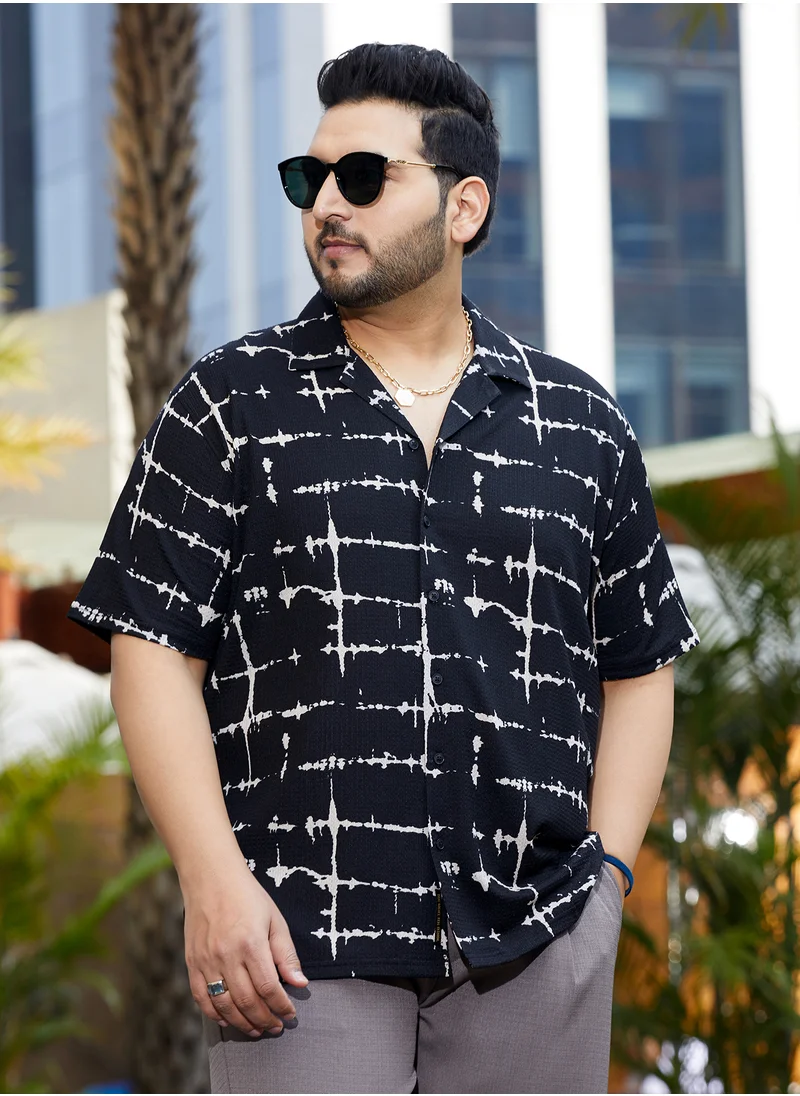 Instafab Plus Instafab Plus Men's Onyx Black Inkbound Pattern Shirt For Casual Wear | Cuban Collar | Short Regular Sleeves | Button Closure | Plus Size Shirt Crafted With Comfort Fit For Everyday Wear