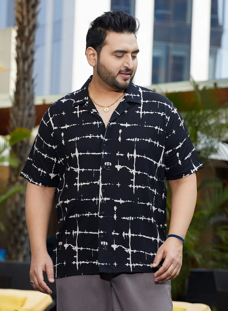 Instafab Plus Instafab Plus Men's Onyx Black Inkbound Pattern Shirt For Casual Wear | Cuban Collar | Short Regular Sleeves | Button Closure | Plus Size Shirt Crafted With Comfort Fit For Everyday Wear