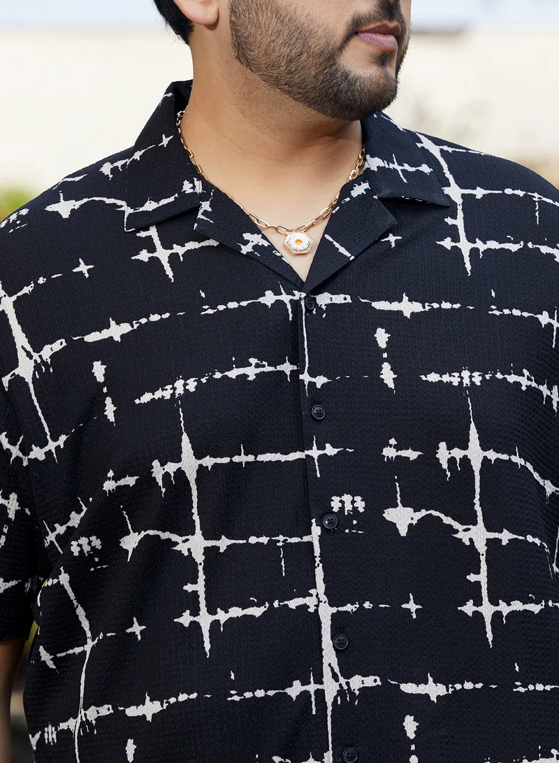 Instafab Plus Instafab Plus Men's Onyx Black Inkbound Pattern Shirt For Casual Wear | Cuban Collar | Short Regular Sleeves | Button Closure | Plus Size Shirt Crafted With Comfort Fit For Everyday Wear