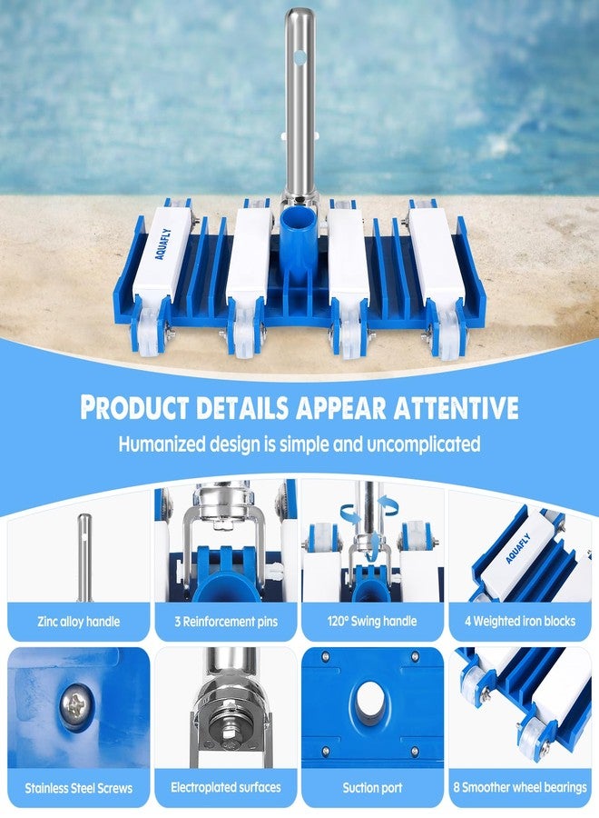 AQUAFLY Pool Vacuum Head, Manual Cleaning Vacuum with Wheels 14'' Heavy Duty Handle Pool Vacuum Heads for Inground & Above Pools with Flexible Swivel, Swimming Pool Head for Absorb - Image 2